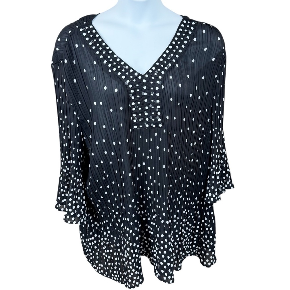 Catherine's Black White Polka Dot Pleated Chiffon Beaded V-Neck Top Size 5X